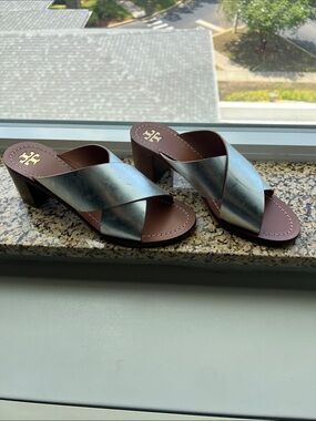 Tory Burch Silver Metallic Crisscross Leather Mules